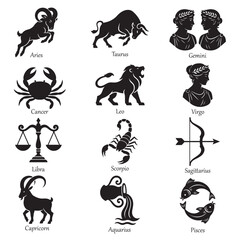 Naklejka premium 12 Zodiac signs silhouettes vector illustration