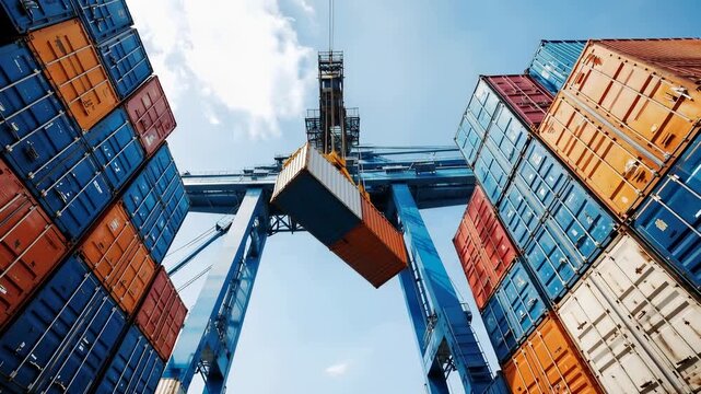 Container crane lifting a cargo container at a busy shipping port, surrounded by stacked freight containers under a clear blue sky. Global logistics, import export business, international trade and su