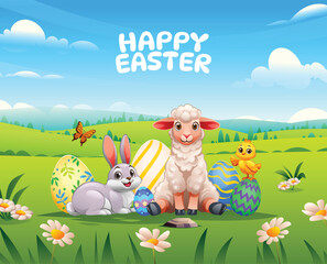 Obraz premium Sweet lamb, bunny, and chick sitting together with many colorful easter eggs. Vector cartoon illustration