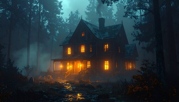 A large, old house with glowing windows stands in a dark, misty forest