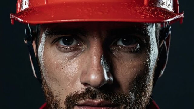 Close-up of a determined worker in a red hard hat, covered in sweat