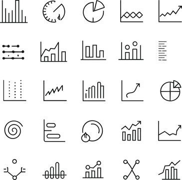 Collection of black and white line representing various types of data charts and graphs line data charts