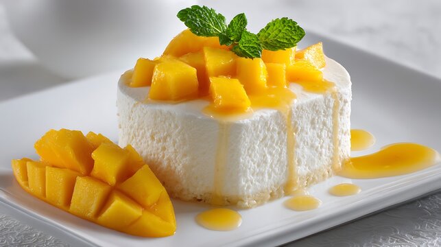 Close-up of Mango Cheesecake Delight Creamy dessert topped with ripe fruit and mint, food photography, studio shot, gourmet indulgence on white plate.