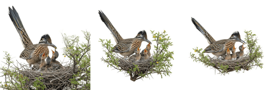 Greater Roadrunner (Geococcyx californianus) in desert shrub nest with chicks isolated on white background, Cuculidae terrestrial bird breeding behavior studio cutout image