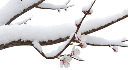 Plum blossoms with snow on branches