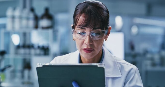 Reading, science and woman on tablet in lab for online research, medical review and experiment results. Healthcare, pharmaceutical and person on digital tech for clinical study, analysis and vaccine