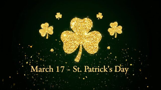 happy st patricks day text shiny stars and glowing glittering particles on a green background this Saint Patrick's Day celebration background animation is 4k hd video st patrick day 