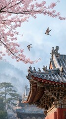 Ancient Chinese tiled roof corner, pink cherry blossoms arching across frame, two swallows flying mid-air, soft misty blue sky, cinematic lighting, pastel tones, ultra detailed, fine art photography