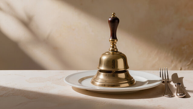 Conceptual Gourmet School Bell Served on Luxury Ceramic Plate with Silverware in Soft Natural Sunlight for Creative Education and Academic Excellence Lifestyle Photography Background