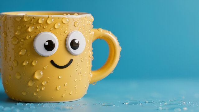 Funny Yellow Ceramic Mug with Googly Eyes and Water Droplets on Vibrant Cyan Blue Background for Creative Office Humor and Cheerful Morning Coffee Concept