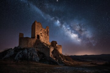 Obraz premium Ancient Castle Ruins Under Milky Way Sky