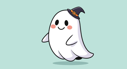 Fototapeta premium Friendly little white ghost wearing a purple witch hat with an orange buckle smiles playfully against a light blue background for Halloween.