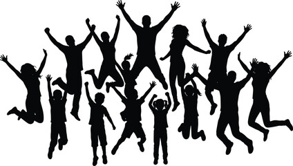Happy Family and Friends Jumping Silhouettes with Raised Hands Isolated on White Background Celebration Concept