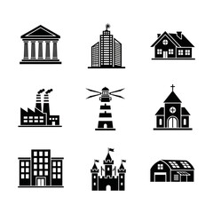 Obraz premium A collection of black and white building icons