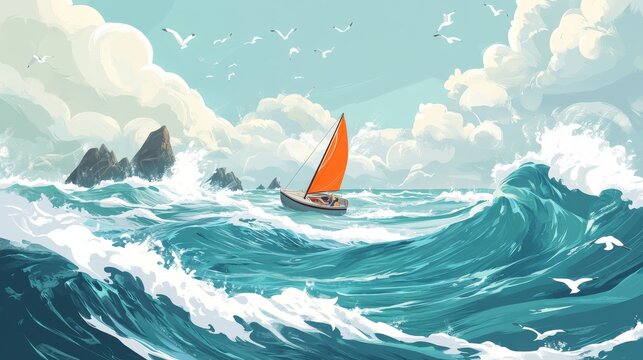 35.Whimsical cartoon-style ocean storm with exaggerated rolling waves, a small boat with orange sail tips leaning into the wind, distant rock formations, and scattered white birds