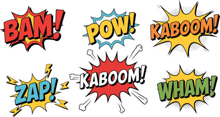 Colorful comic sound effect words in bold letters with dynamic burst sound effects kaboom © Hey Tahera