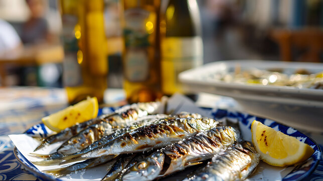 Deliciously grilled and seasoned fresh sardines with bright lemon wedges on a traditional plate, ideal for an inviting outdoor summer meal
