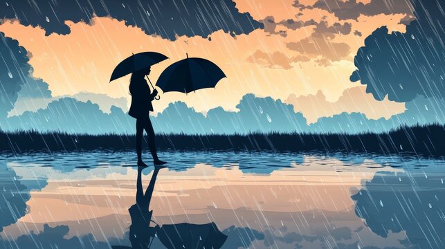 65.Flat illustration of a woman walking across a wet landscape with raindrops falling from a cloudy sky, her umbrella casting a shadow on her face