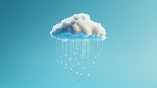 76.Minimalist design featuring a single fluffy cloud with teardrop-shaped raindrops in varied sizes descending onto a smooth sky-blue backdrop