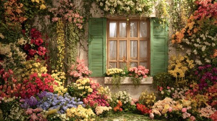 Beautiful wooden window framed by lush blooming flowers and ivy on rustic wall, romantic countryside home exterior.