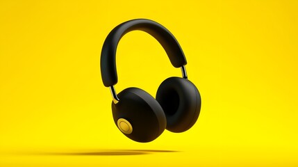 Naklejka premium A pair of sleek black headphones floating against a vibrant yellow background, perfect for audio enthusiasts.