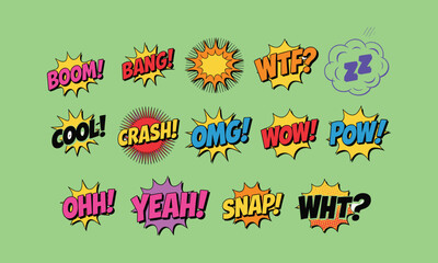 Colorful comic-style speech bubbles with various exclamations on a green background boom bang © Hey Tahera