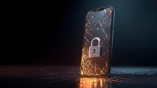 A smartphone with a cracked screen and a padlock graphic symbolizing security and digital protection.