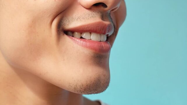 Close-up of a smiling man's mouth with healthy white teeth and stubble