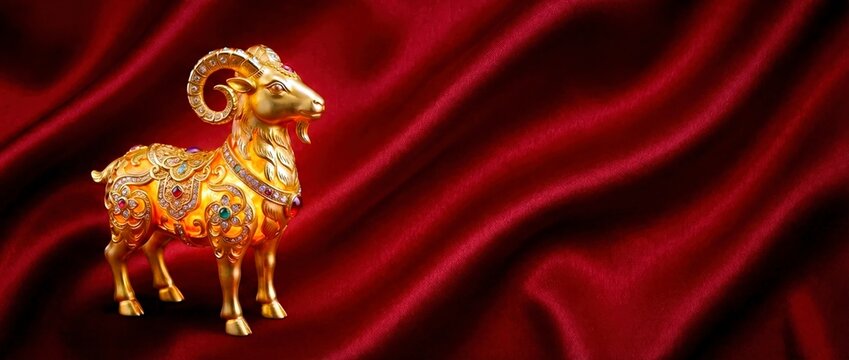 Ornate golden goat statue with gems for 2027 Chinese Zodiac. Sheep figurine on red silk background. Lunar New Year luxury and wealth concept