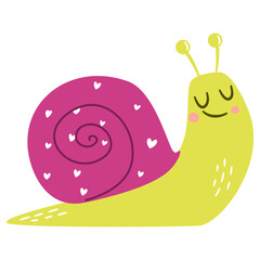 Cute bright snail, flat vector illustration in a simple children's style. Vector illustration
