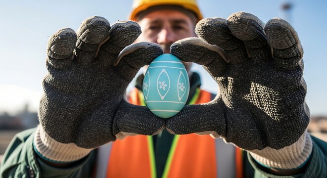 A construction worker wearing a hard hat and gloves holds up a decorated Easter egg.