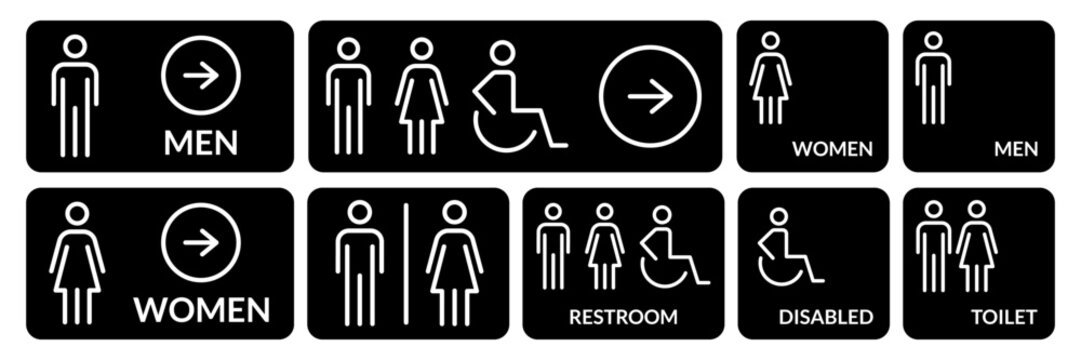 Toilet icons set. Men and women restroom icon sign right arrow. Disabled wheelchair icon. People icons. Vector Illustration