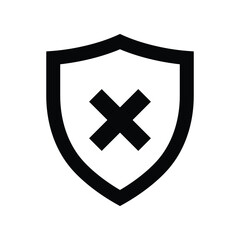 Fototapeta premium A bold black silhouette icon of a shield with a prominent 'X' mark, symbolizing security failure, protection denied, error, cancellation, or a blocked action, isolated on a white background.
