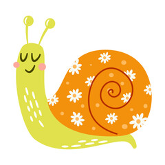 Cute bright snail, flat vector illustration in a simple children's style. Vector illustration