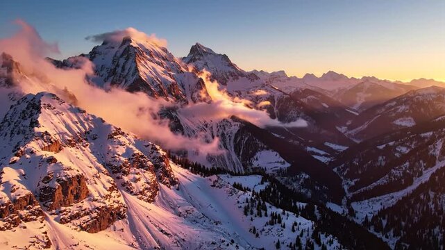 Majestic mountain range at dawn with snow-capped peaks bathed in sunrise light