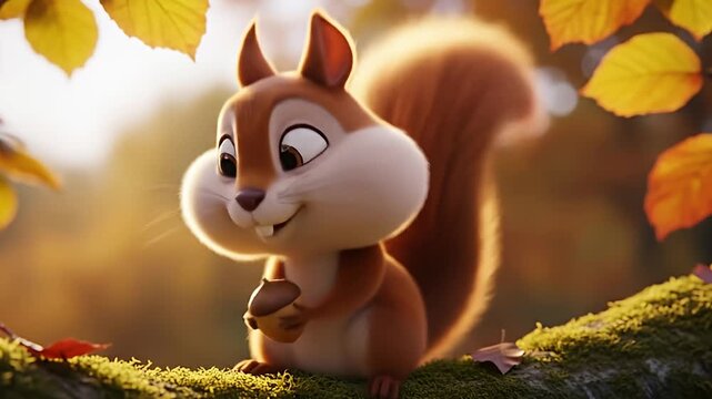 Cute animated squirrel with full cheeks holding an acorn in an autumn forest.