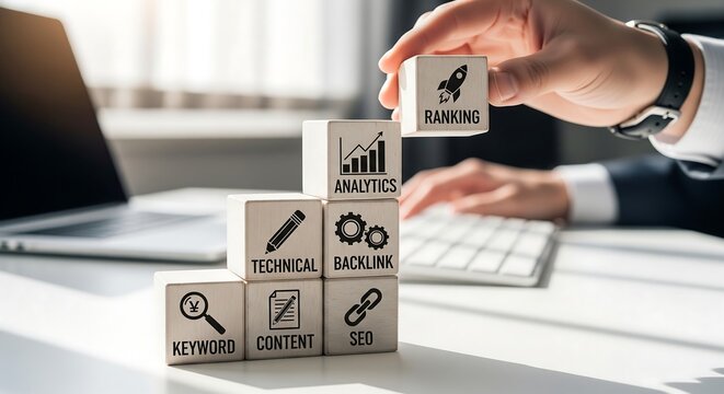 A businessman arranges blocks representing SEO elements like keyword research, content creation, technical SEO, backlinks, analytics, and ranking to build a strategy.