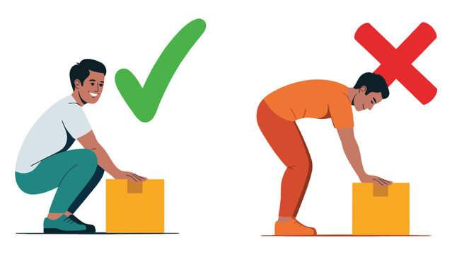 Proper lifting technique vector illustration with correct and incorrect postures
