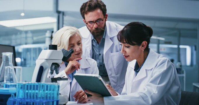 Talking, science and people in lab, tablet for test results and experiment for medical cure. Discussion, man and women in workplace, tech or research for digital solution, clinical trial and studying