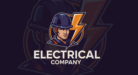 Electrical Company Logo with Electrician and Lightning Bolt.