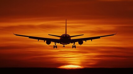 Commercial airplane landing in the beautiful vibrant orange sunset sky