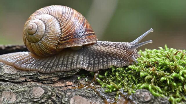 Closeup macro shot of a garden snail with a textured shell slowly crawling over a mosscovered tree branch in a natural forest environment.