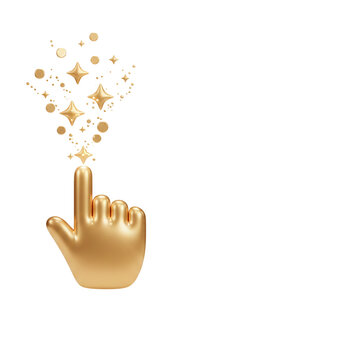 Gold metallic hand cursor clicking with magic sparkles