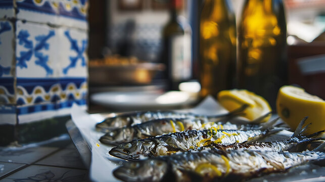 Savor the authentic taste of freshly grilled sardines, adorned with vibrant lemon slices, presented on a charming traditional tiled table for an exquisite culinary experience
