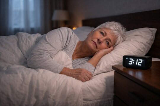 Senior Woman Lying Awake in Bed at Night Suffering from Insomnia