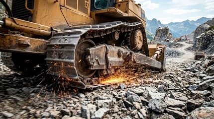 Fototapeta premium Close-up of bulldozer tracks moving over sharp rocks with sparks. Heavy industrial machinery working in a mountain quarry