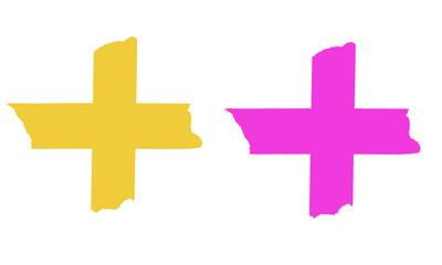 Obraz premium Yellow and Pink Plus Signs Made of Torn Tape, Isolated on White Background, Graphic Elements