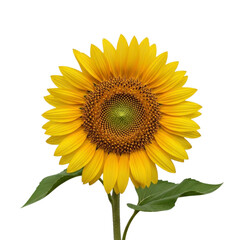 Fototapeta premium Single sunflower bloom with green leaves on white background