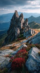 Obraz premium Panoramic view of a rugged mountain ridge covered in red wildflowers and rocky formations, overlooking layered blue hills beneath a cloudy, dramatic sky.