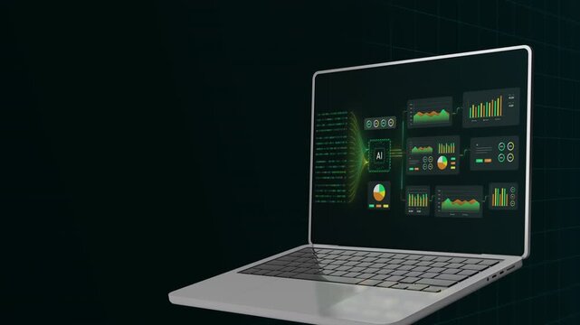 Laptop showcasing a professional artificial intelligence management system with embedded data charts and neural network connections.
